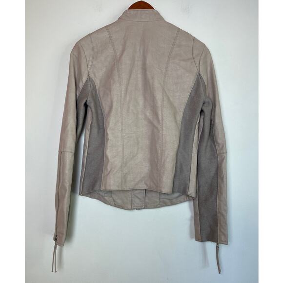 Free People Vegan Faux Leather Moto Jacket Size 8 Light Beige Knit Panels Boho - Picture 2 of 8